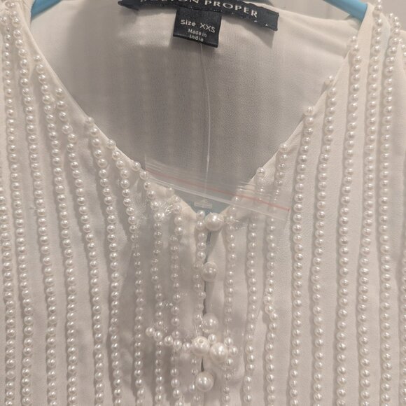 BOSTON PROPER All Over Pearl Embellished White Chiffon Top XXS - Picture 6 of 6